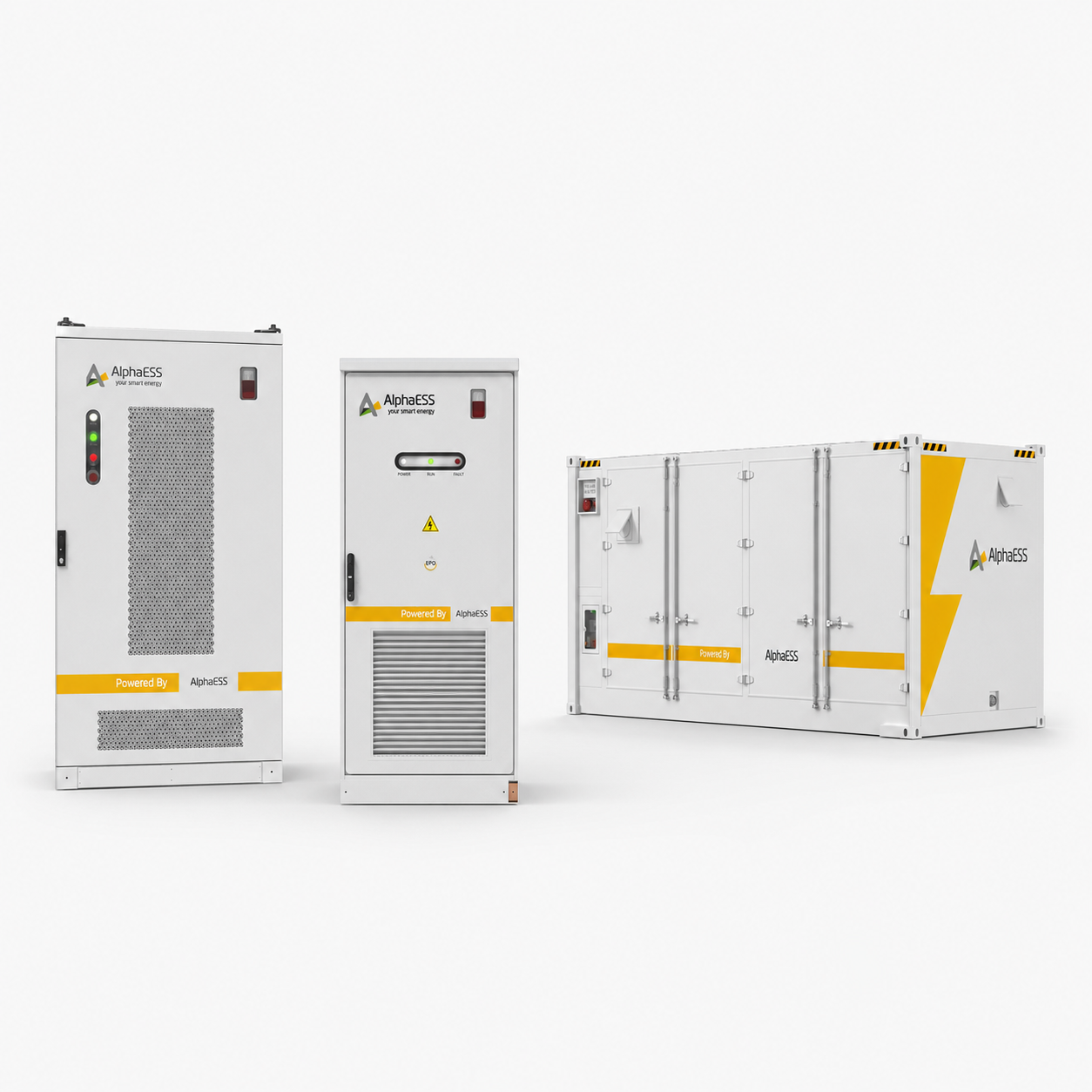 AlphaESS productlijn — Aster 5000 container, STORION-LC-kast en STORION wandmodel